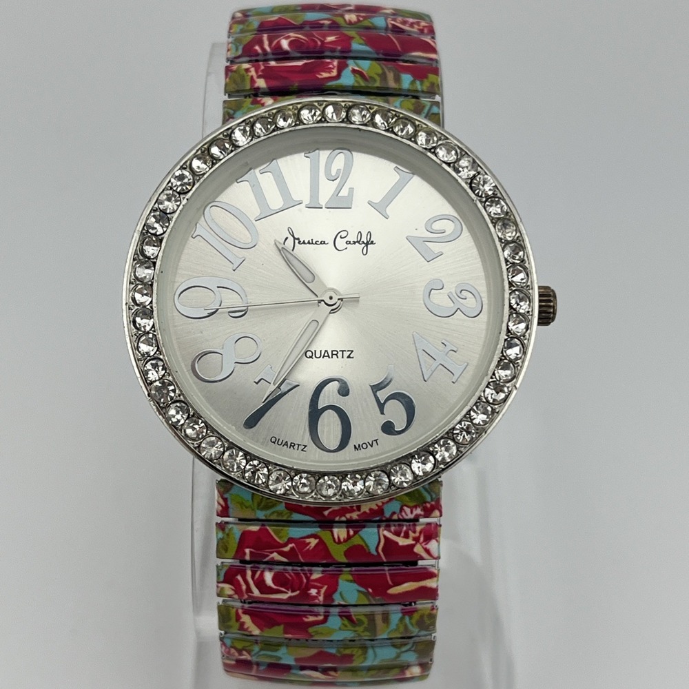 Jessica Carlyle Watch Women 40mm Crystal Bezel Floral Stretch Band- New Battery